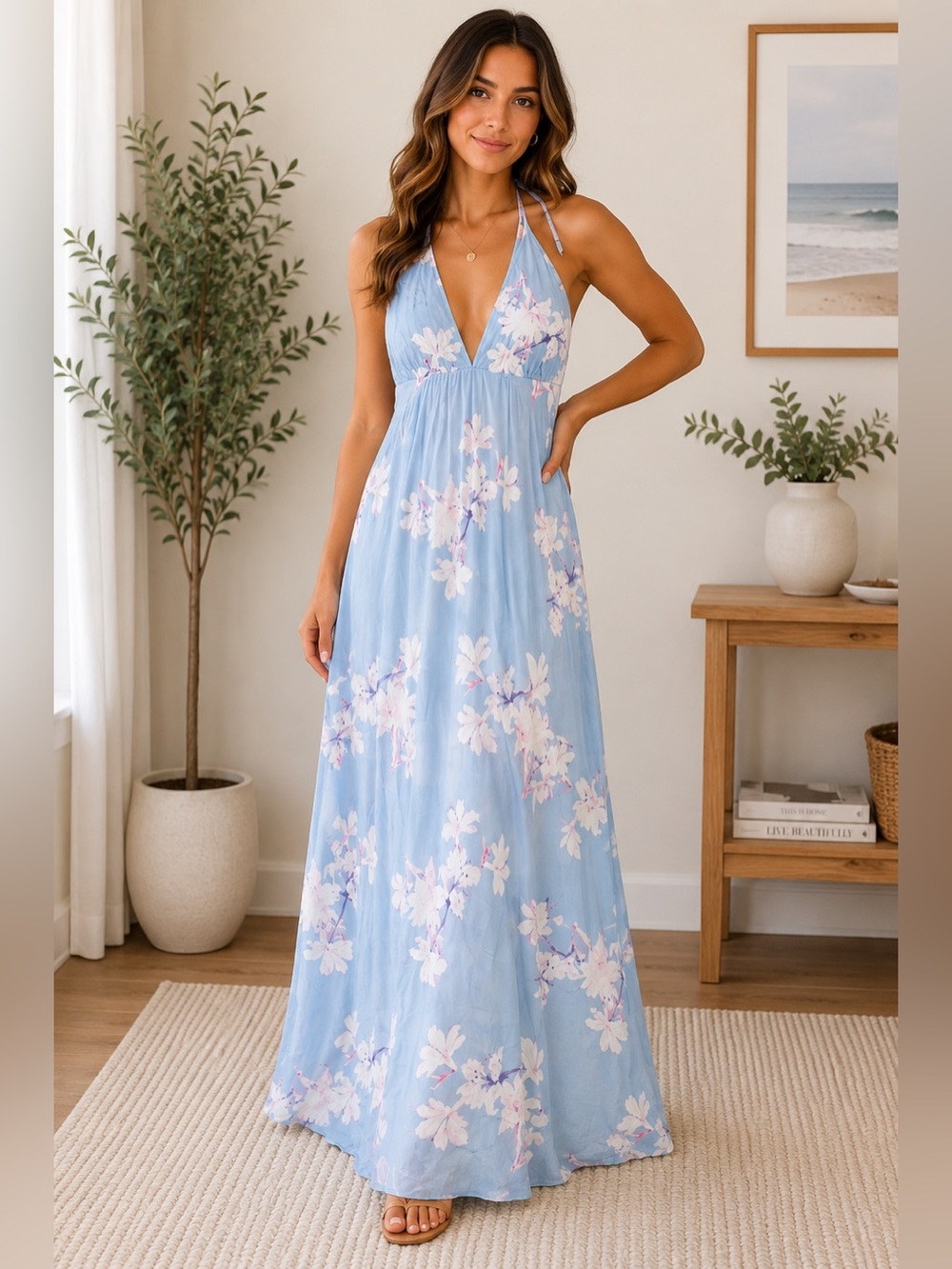 Simplee Apparel Light Blue Floral Halter Maxi Dress